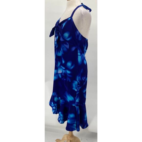 Vintage Y2k Floral Print Halter Empire Waist Midi Dress Ruffled Hem Blue 10 - Picture 4 of 9